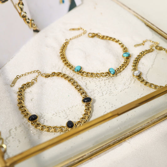 Natural Stone Mosaic Oval Turquoise Titanium Bracelets