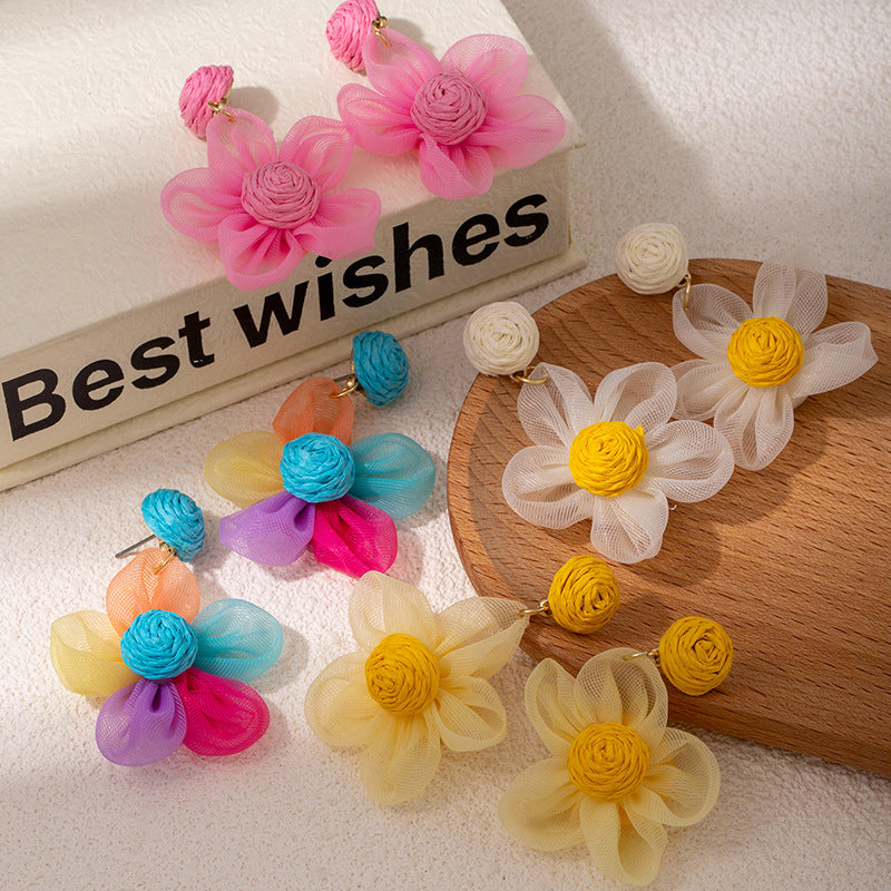 Super Fairy Dopamine Color Organza Raffia Flower Female Sweet Fresh Earrings