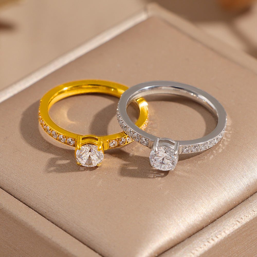 Women's & Men's Titanium Steel Gold-plated Female White Diamond Zircon Couple Proposal Rings