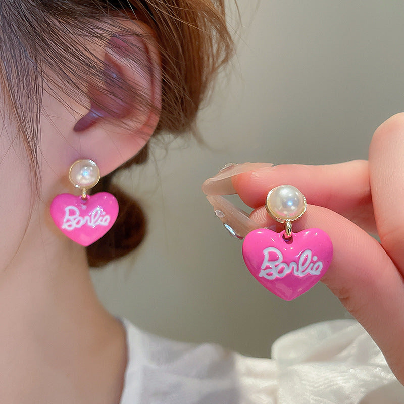 Drop Oil Barbie Letter Love Heart Imitation Pearl Earrings