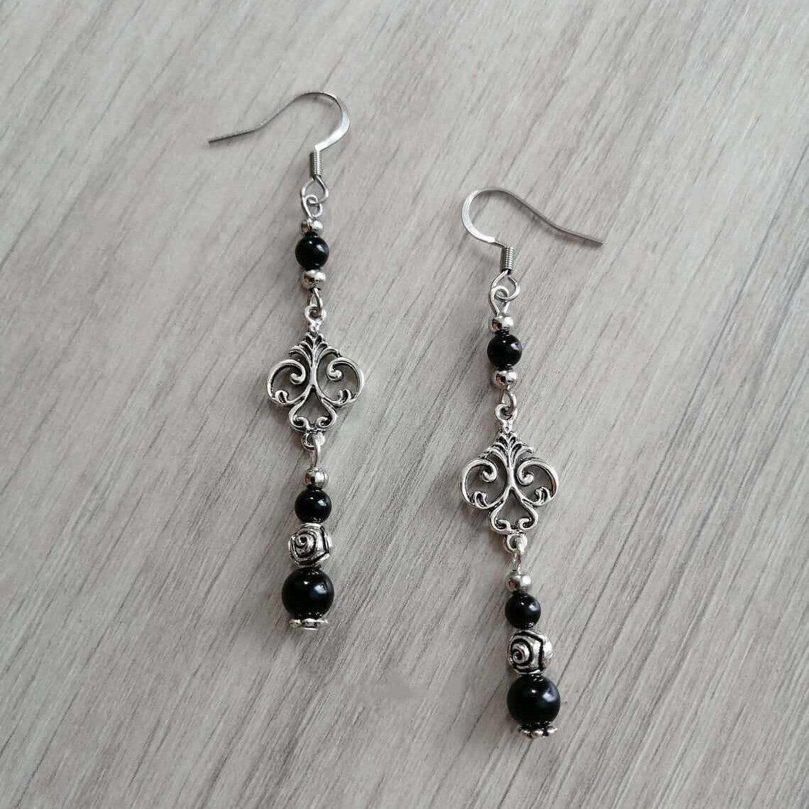 Onyx Agate Black Natural Stone Gothic Style Victorian Earrings