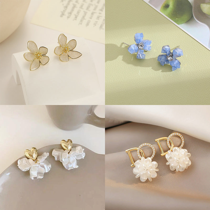 Summer Stylish Flower Sier Pin Sweet High Sense Design Petal Earrings