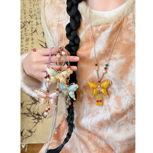 Women's Dynasty Brocade Butterfly Tassel Chinese Style Long Sweater Chain National Necklace