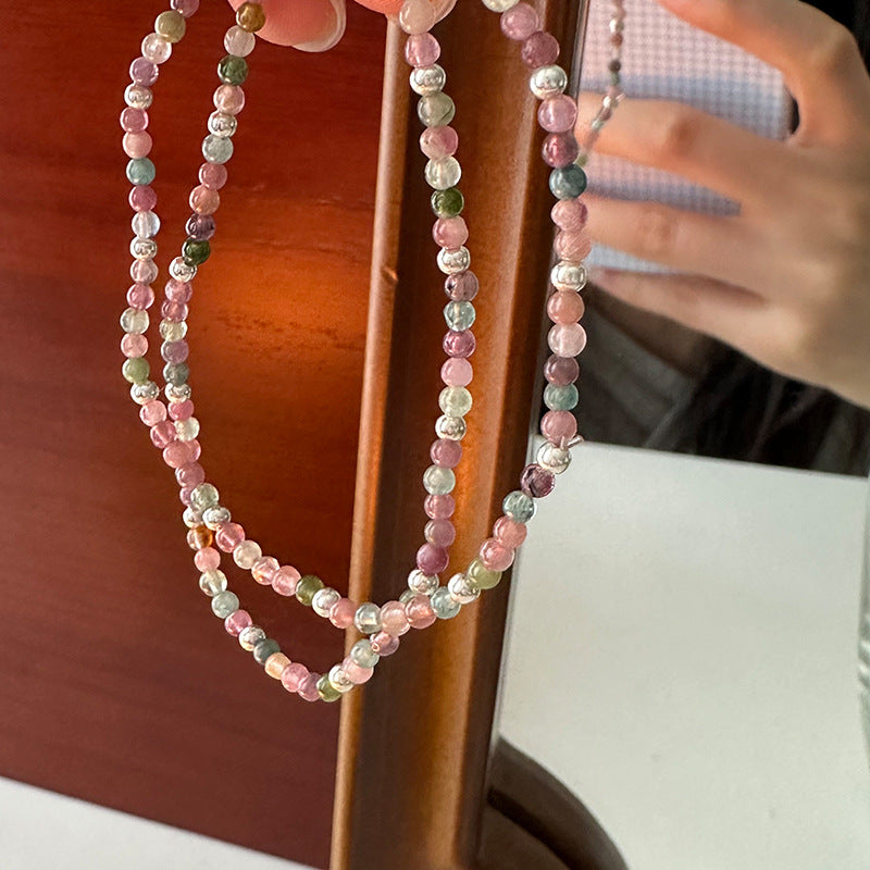 Women's Sterling Sier Color Tourmaline Sliver Beads Simple Chinese Design Bracelet