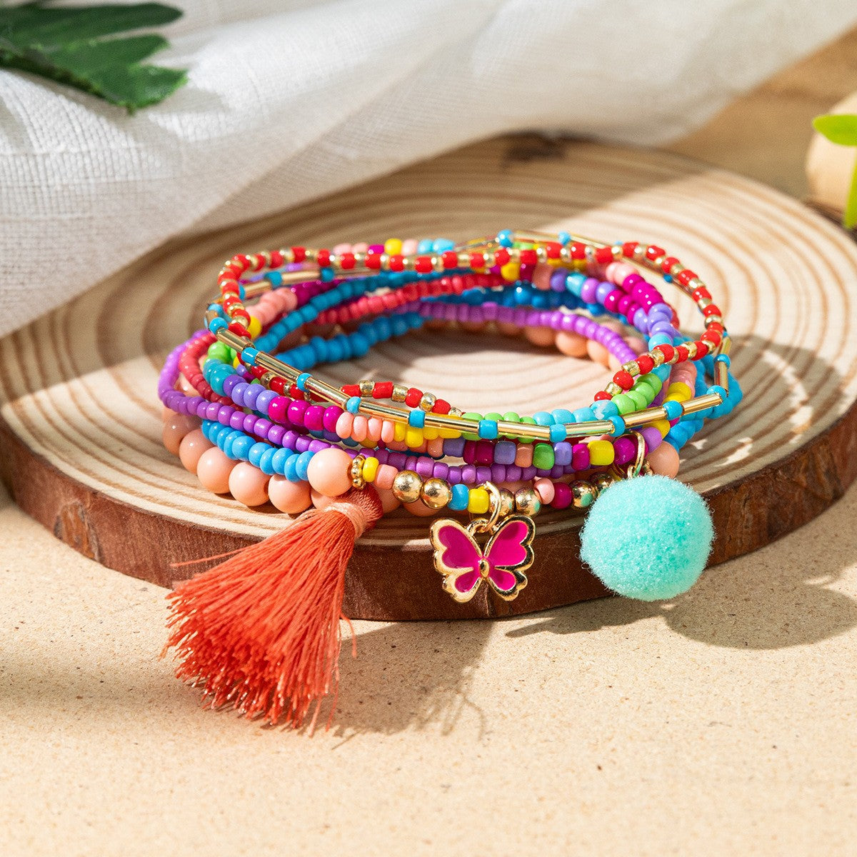 Women's Bohemian Vacation Style Twin Design Sense Glass Beads Stretch Bracelet