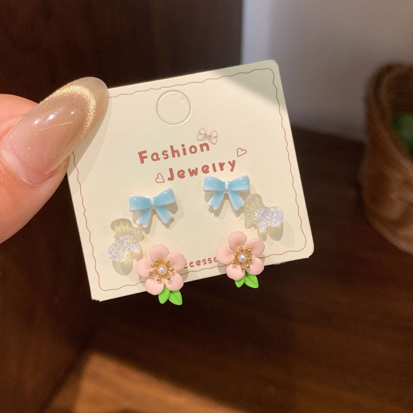 Dopamine Cartoon Heart-shaped Bow Flower Earings Female Sweet Cute Stud Earrings