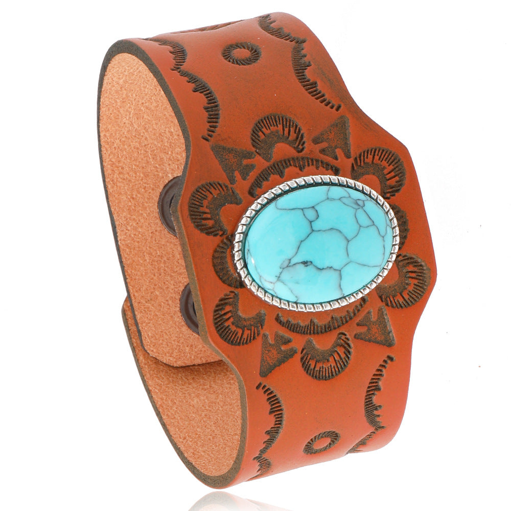 Men's Vintage Turquoise Adjustable Cattle Leather Simple Bracelet