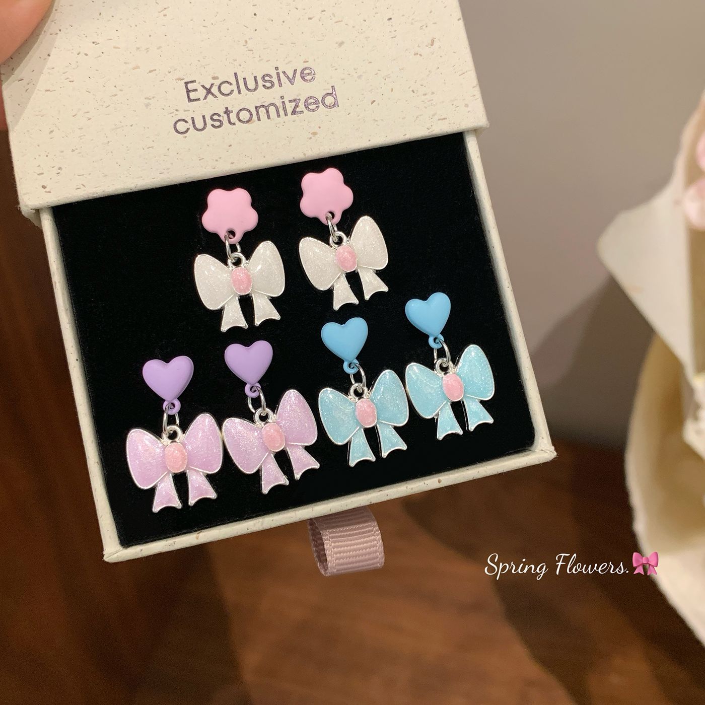 Dopamine Cartoon Love Heart Bow Tie Sier Needle Female Cute Earrings