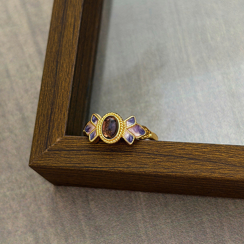 Luxury Retro Flower Auspicious Cloud Purple Enamel Open Niche Twin Rings