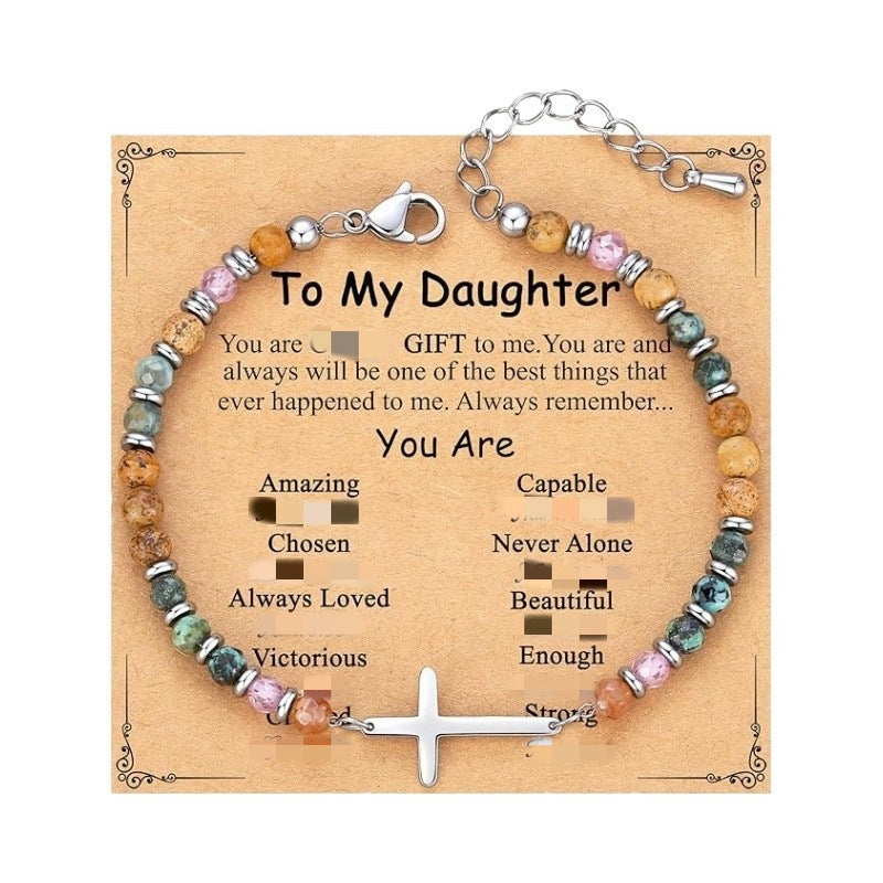 Women's Natural Stone Beaded Cross Lobster Buckle Adjustable Band Bracelet