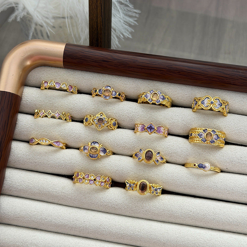 Luxury Retro Flower Auspicious Cloud Purple Enamel Open Niche Twin Rings