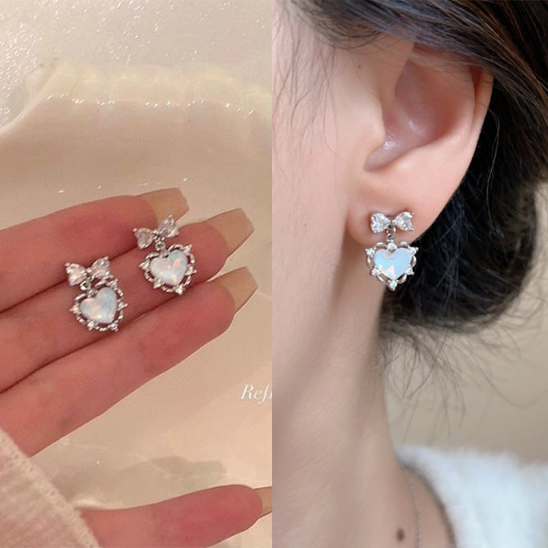 Sweetheart Refined Zircon Love Heart Bow Tie Female Design Earrings