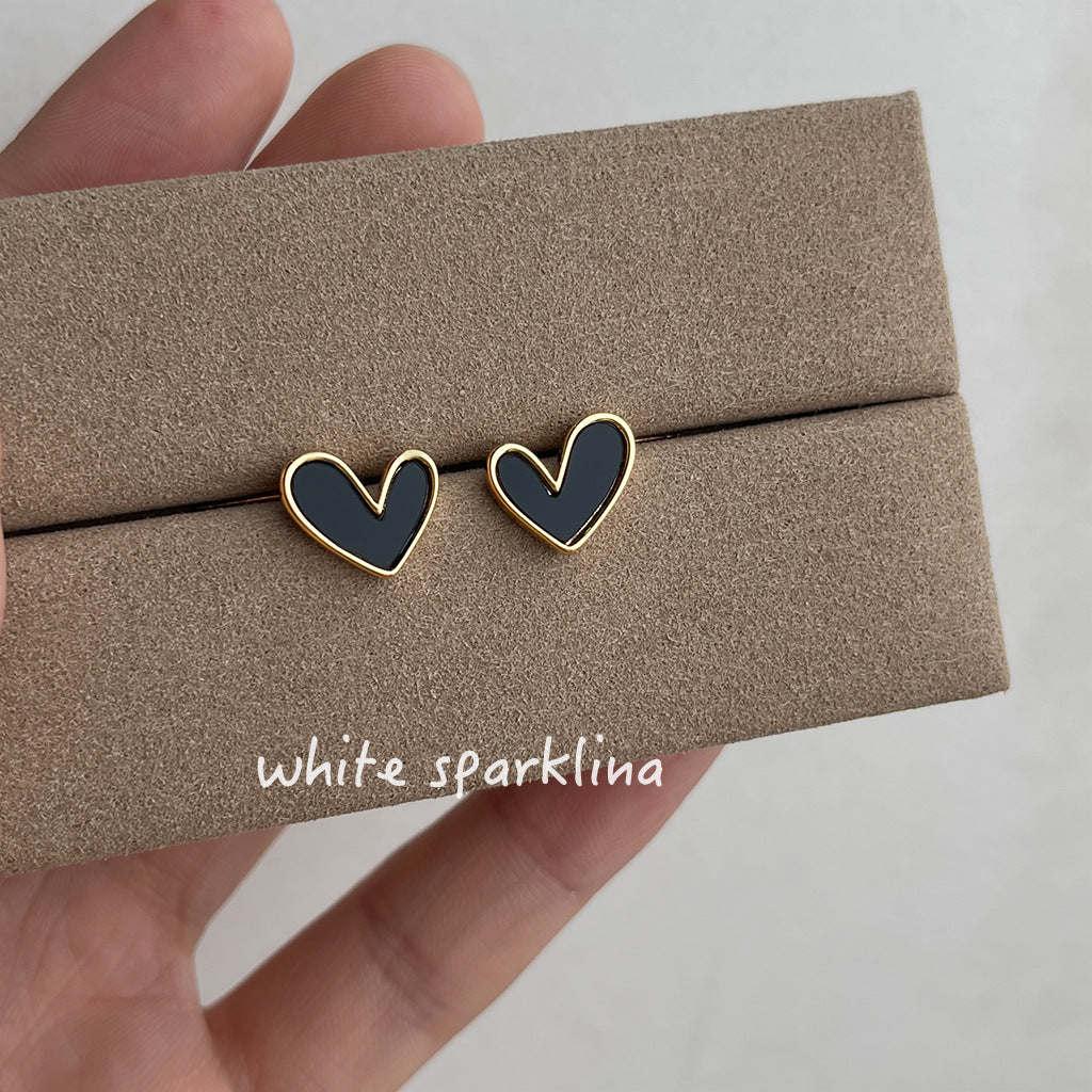 Daily Commuter Style Sier Plated Needle Love Heart Black White Stud Earrings