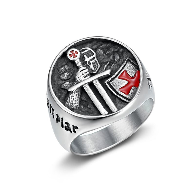 Men's Steel Templar Samurai Inscription Red Epoxy Ring