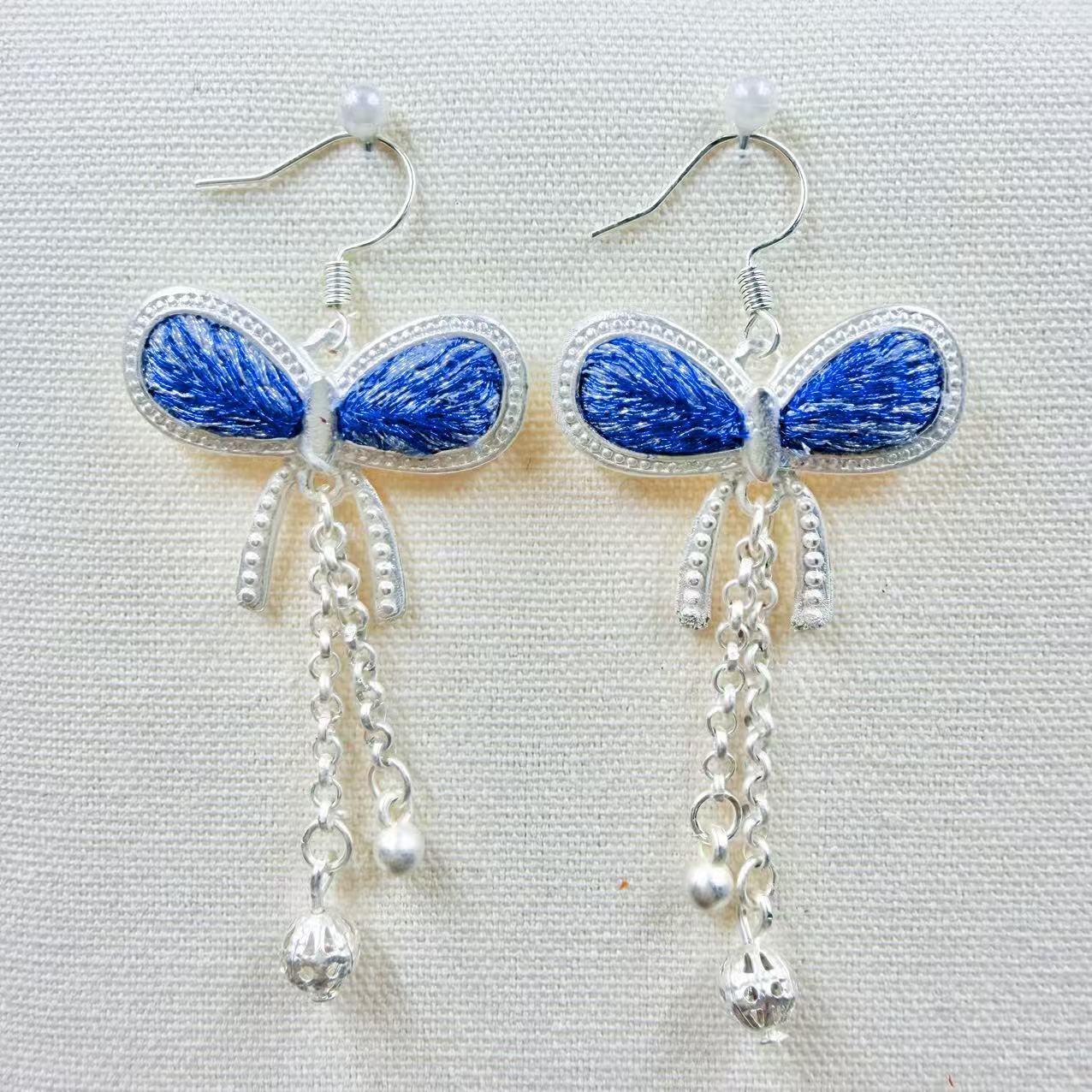 Sier Embroidered Handmade Blue Dyed Butterfly Rings