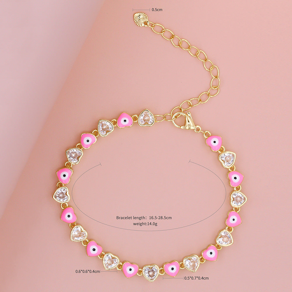 Heart-shaped Devil's Eye Zircon Micro Inlaid Electroplated Dripping Oil Fashion Bracelet