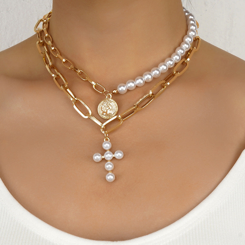 Cross Pearl Retro Style Seal Inlaid Necklaces