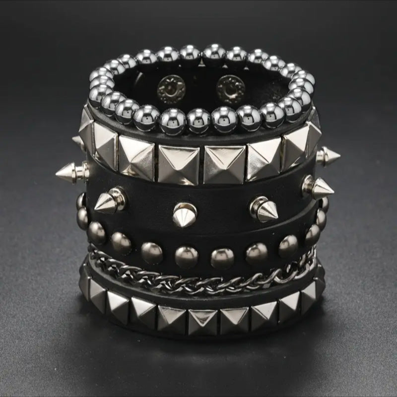 Exaggerated Tapered Pointed Rivet Three Rows Leather Bracelets