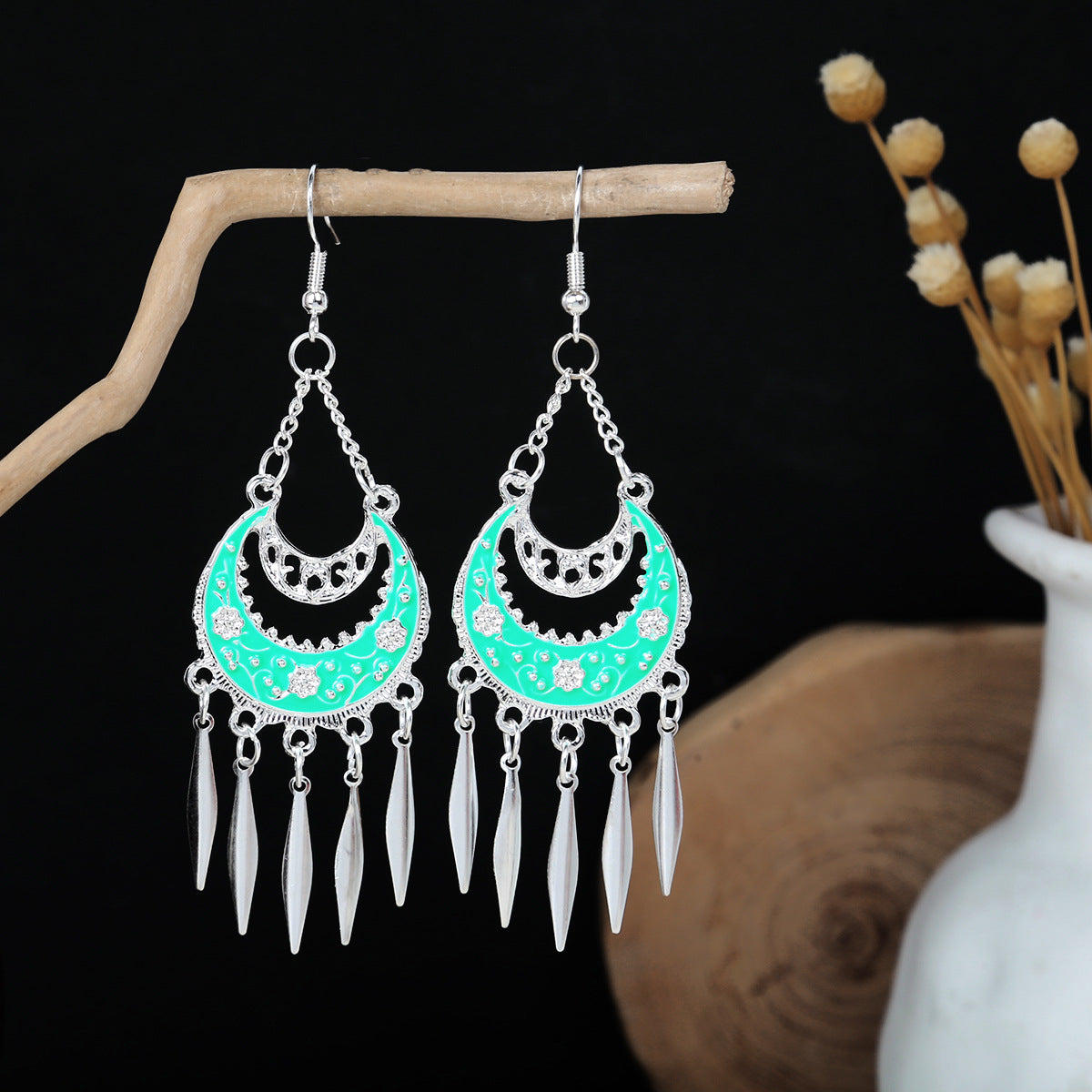 Miao Sier Colorful Long Feather Tassel Rings