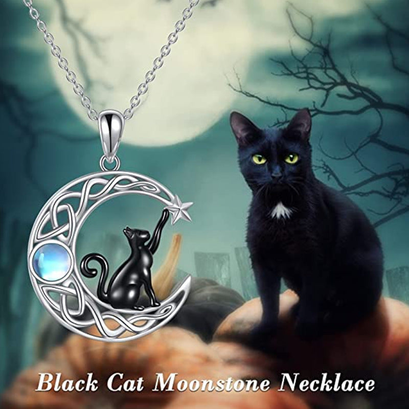 Creative Fashion Simple Moonstone Moon Black Cat Female Necklace