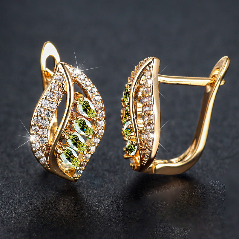 Green Empty Female Champagne Gold Four Diamond Leaf Micro High Stud Earrings
