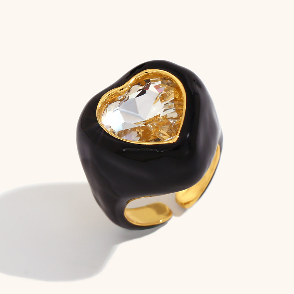 Simple Fresh Stainless Steel Gold-plated Cut Zircon Heart Rings