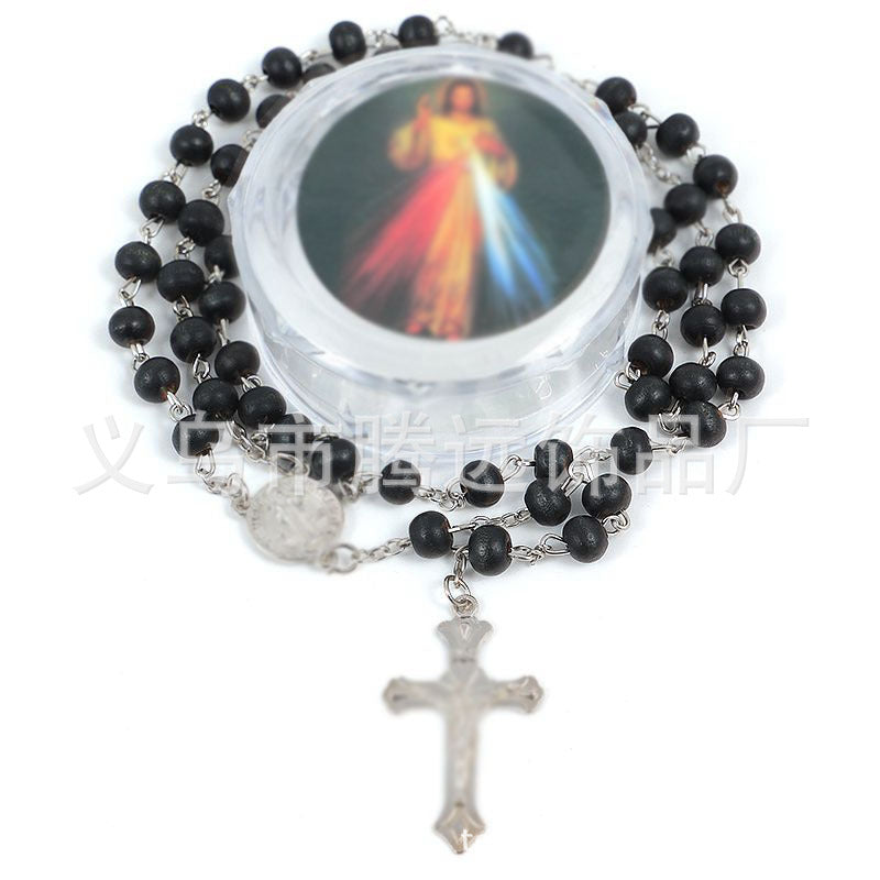 Boxed Black Wooden Bead Beads Cross Necklaces