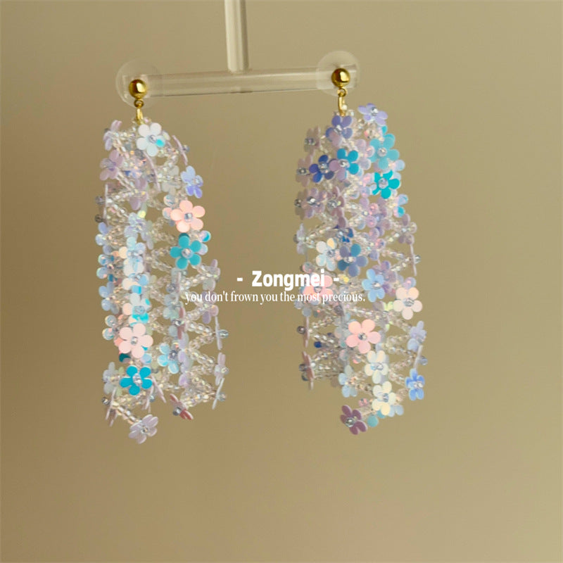 Imported Laser Flower Handmade Ear Clip Beaded Combination Earrings