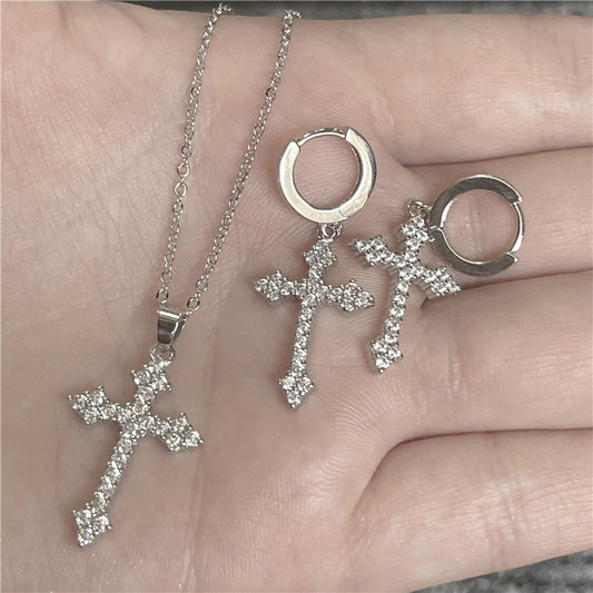 Creative Inlaid Rhinestone Cross With Diamond Fashion Jewelry Set