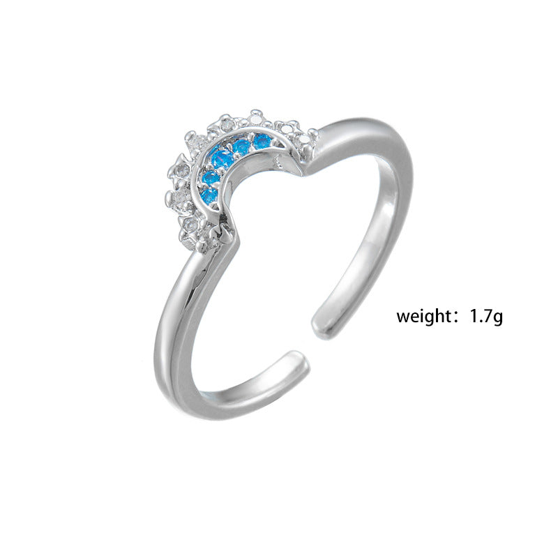 Simple Shiny Sun Moon Blue Diamond Twin Rings