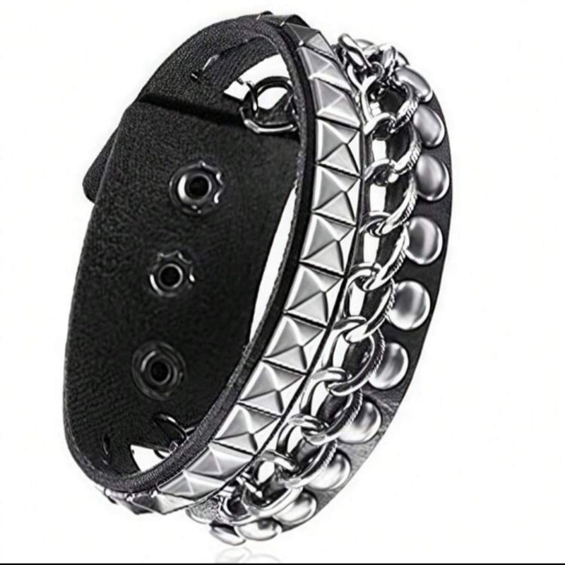 Exaggerated Tapered Pointed Rivet Three Rows Leather Bracelets