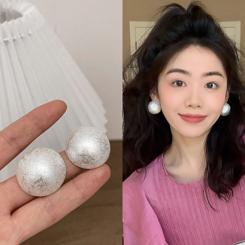 Sier French Vintage Crumpled Pearl Exaggerated Large Stud Earrings