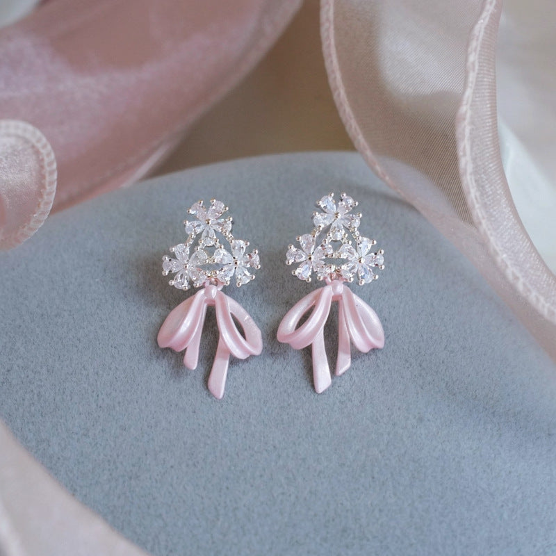 Sier Needle Drop Oil Zircon Flower Bow Simple Sweet Stud Earrings