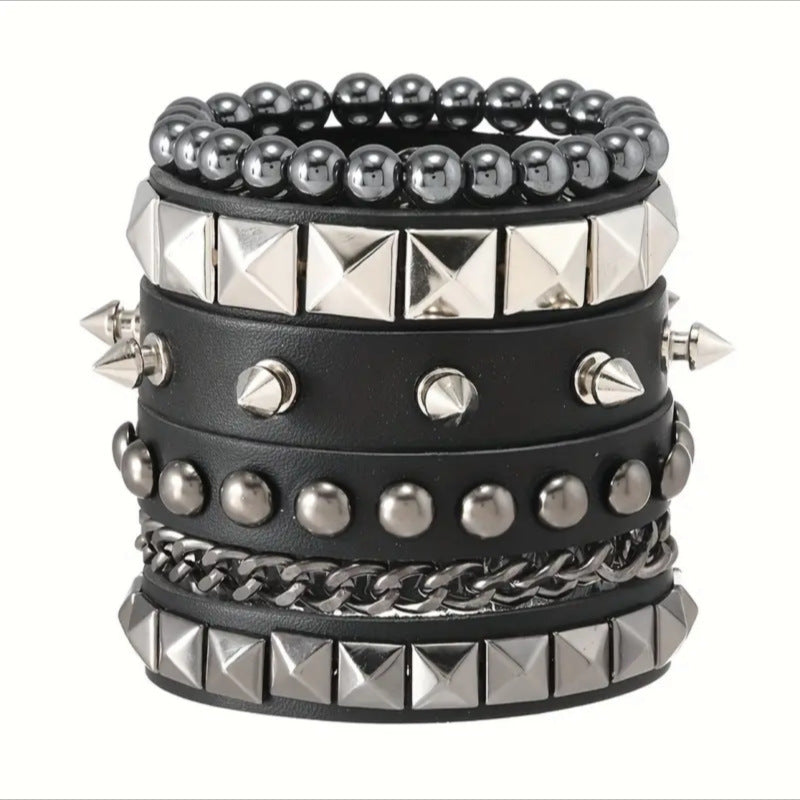 Exaggerated Tapered Pointed Rivet Three Rows Leather Bracelets