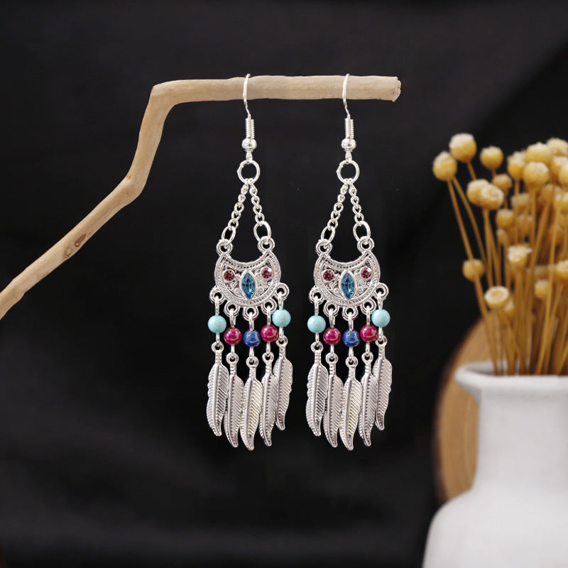 Miao Sier Colorful Long Feather Tassel Rings