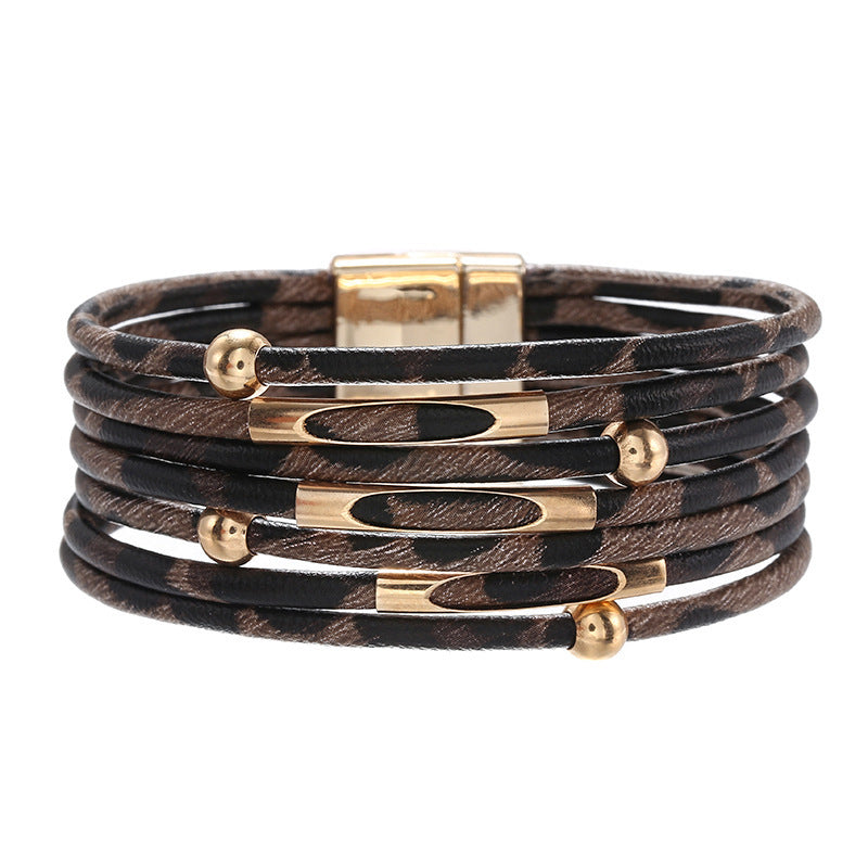 Print Magnetic Buckle Leather String Beads Rope Bracelets