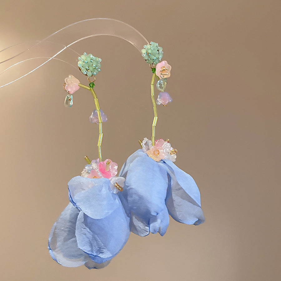Women's Fresh Blue Fabric Flower Tassel Seaside Vacation Style Light Stud Earrings