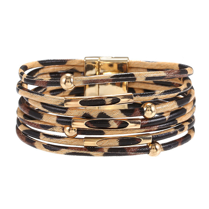 Print Magnetic Buckle Leather String Beads Rope Bracelets