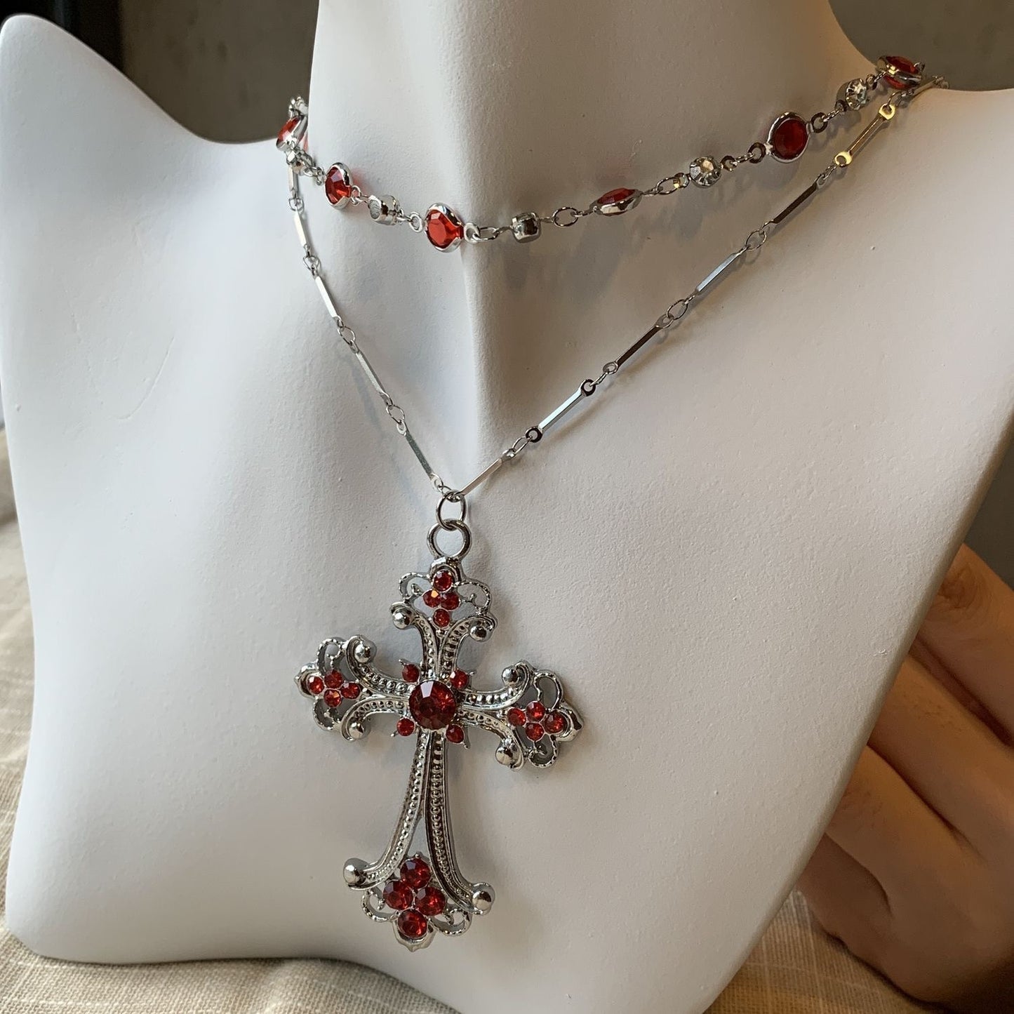 Punk Red Cross Female Trendy Hot Gothic Style Double Layer Necklace