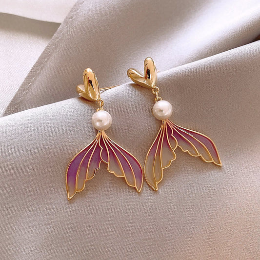 Women's Love Pearl Purple Gradient Fishtail Niche Unique Stud Earrings