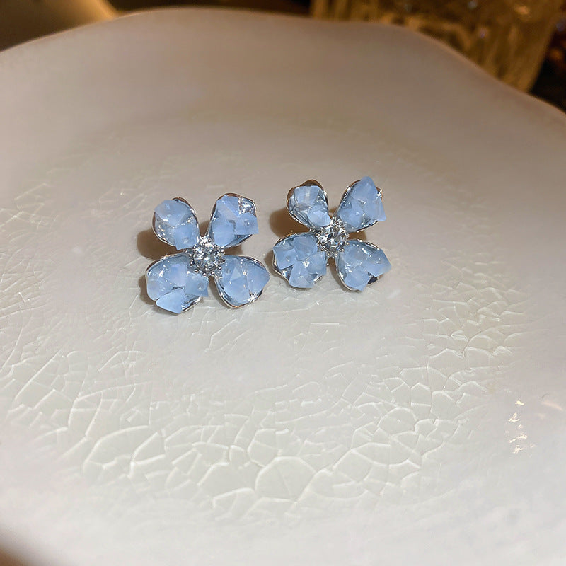 Blue Crystal Butterfly Flower Fashion Simple Fresh Light Luxury High Earrings