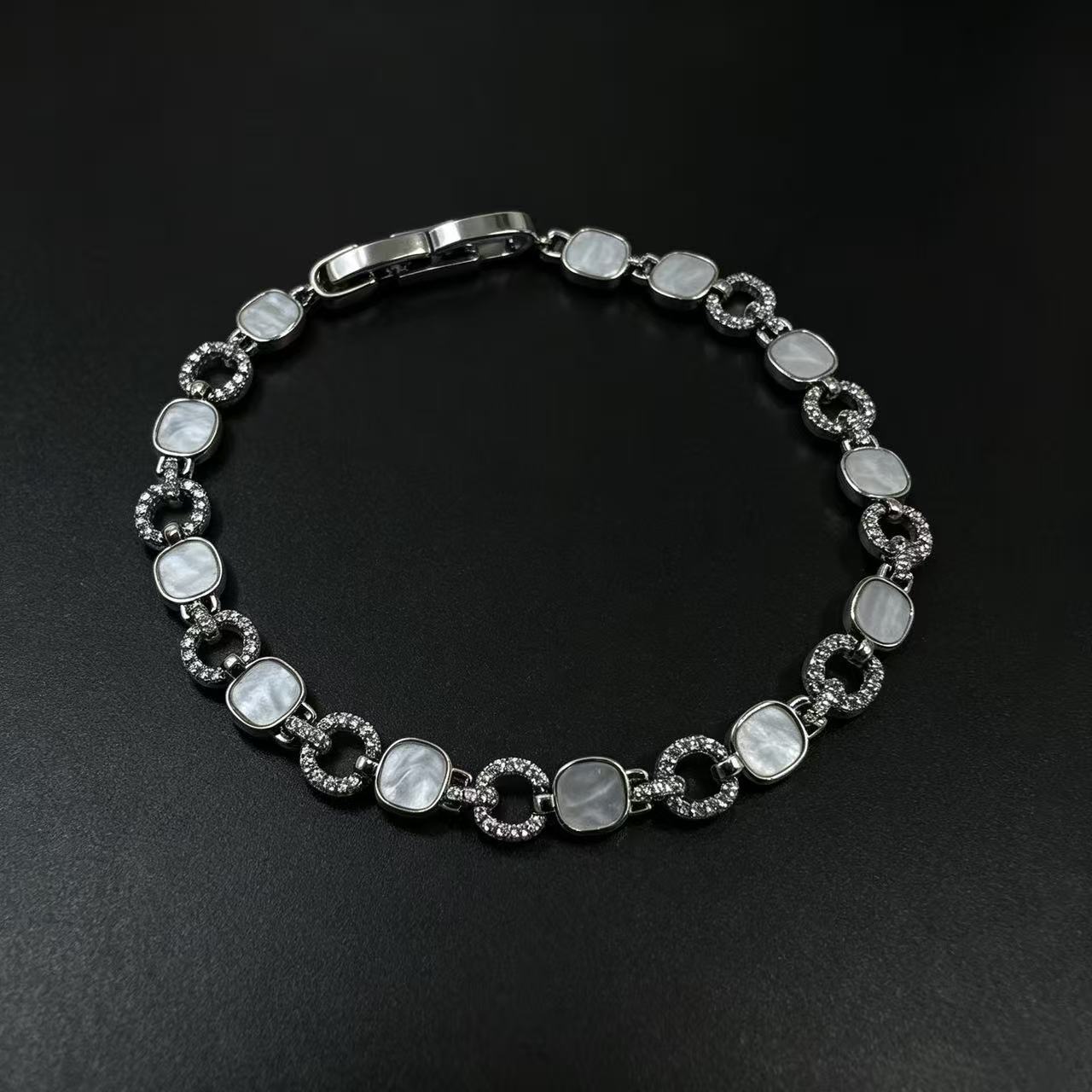 Women's Lux White Shell Full Rhinestone Zircon Sier Bracelets