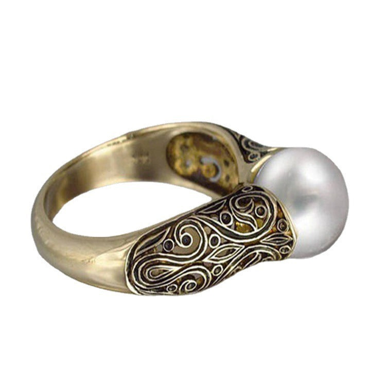 Women's & Men's Vintage Inlaid Synthetic Pearl Gold-plated Niche Retro Ring