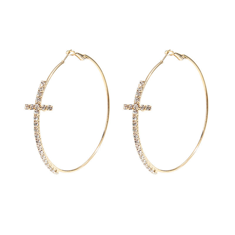 Women's Golden Cross Circle Diamond Simple Personality Exaggerated Earrings