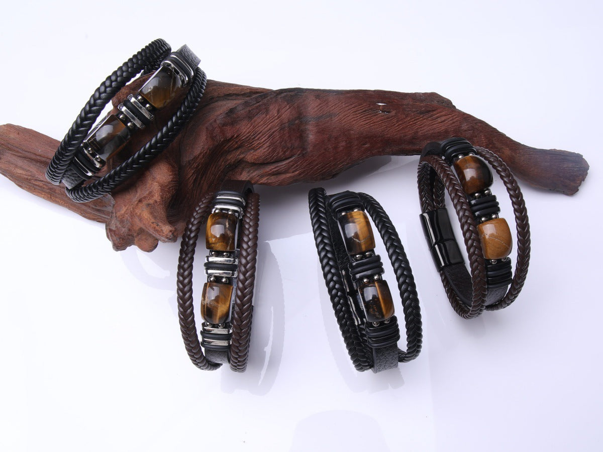 Men's Rope Leather Stone Magnetic Buckle Bracelets