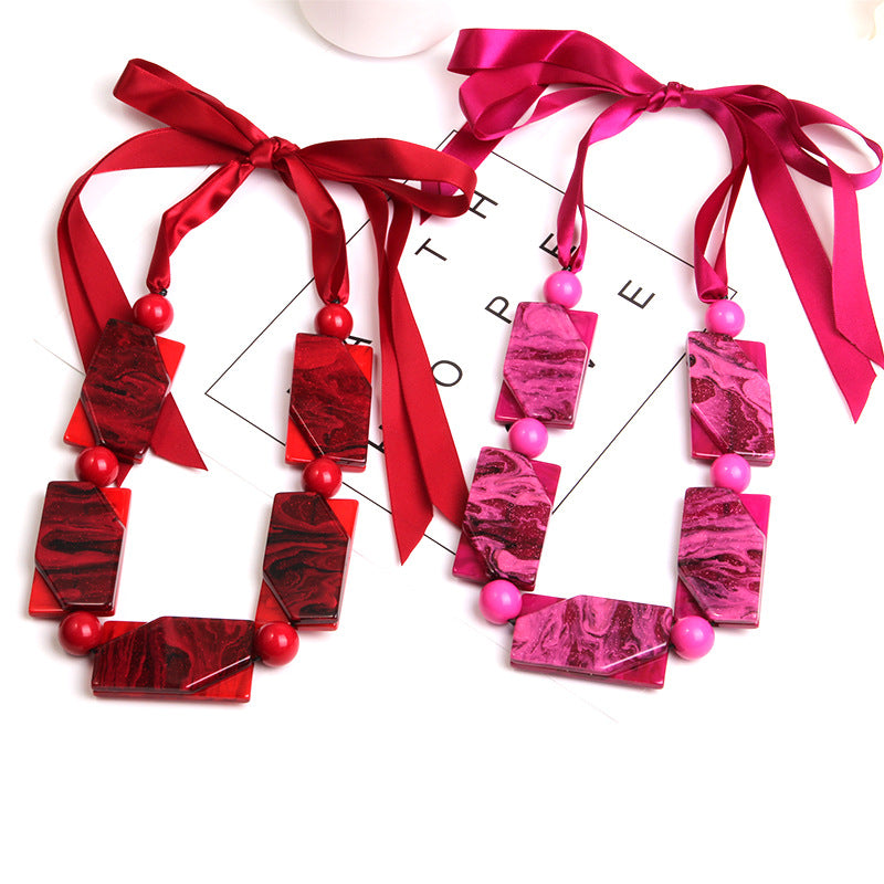 Women's Purple Acrylic Ribbon Short Beads Of Silk Necklace