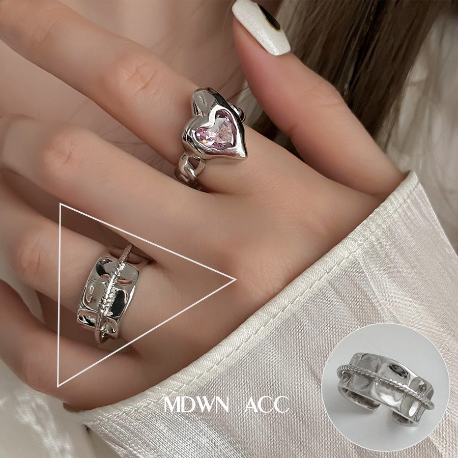 Pink Loving Heart Zircon Female Twin Elegant Sier Rings