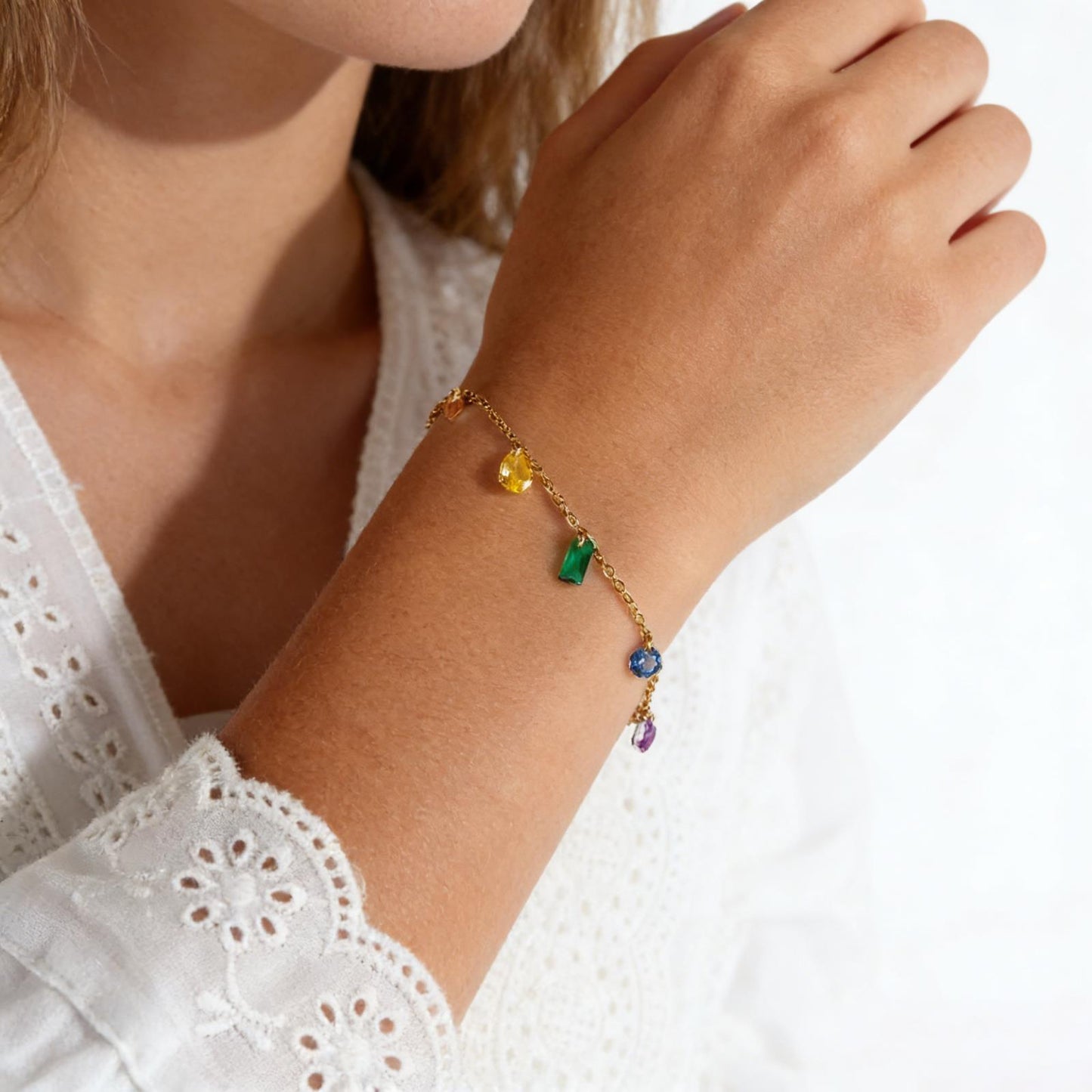 Korean Style Colorful Crystals Jade Stainless Steel Bracelets