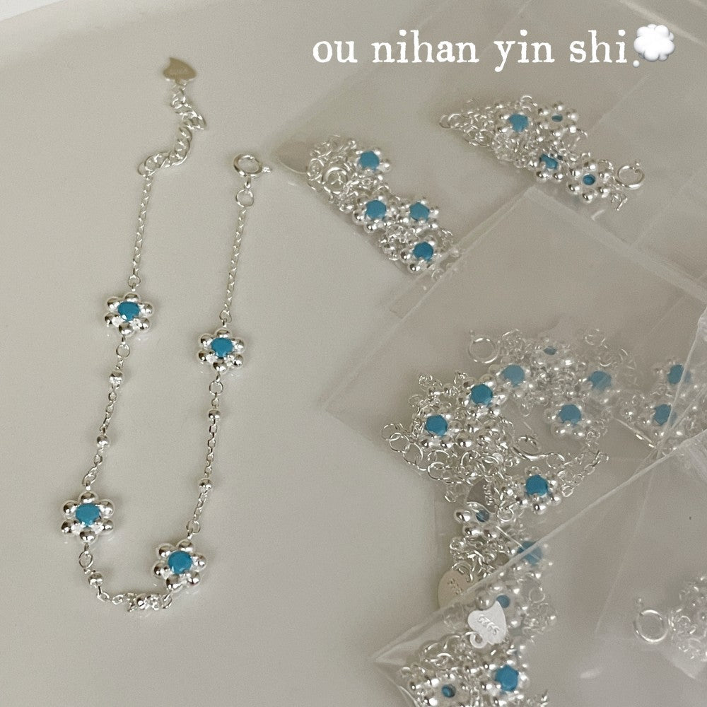 Oni Korean Sier Blue Turquoise Flower Sweet Refined Simple Bracelet