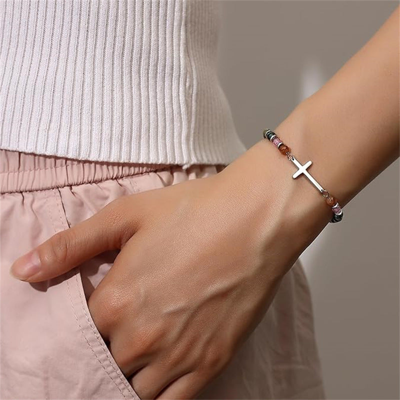 Women's Natural Stone Beaded Cross Lobster Buckle Adjustable Band Bracelet